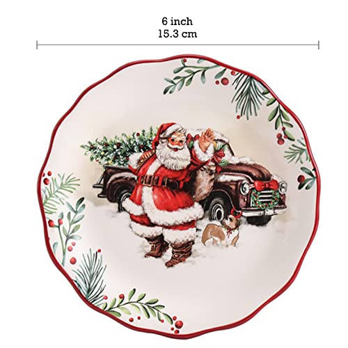 Santa On The Way Scalloped Christmas Appetizer Plates Set of 6 - Holiday Party Decor