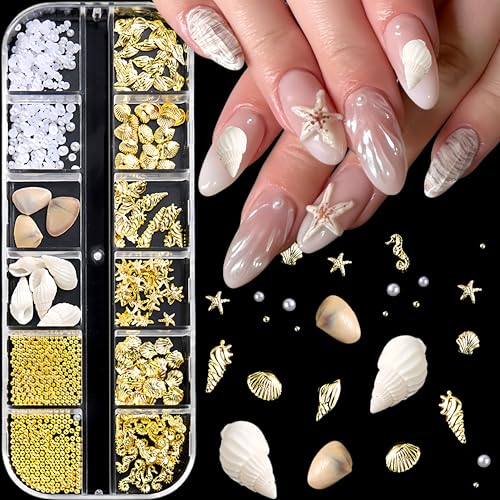 12 Grids Summer Beach Nail Charms 3D Seashell Starfish Pearls and Gold Rhinestones