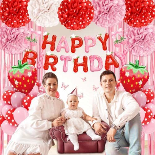 Strawberry Birthday Party Decorations Kit with Balloons & Pompoms