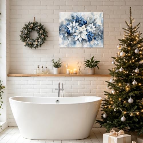 Christmas Wall Art Canvas - Blue and White Poinsettia Floral Decor 20x16 Inch - Ready to Hang