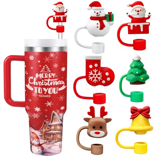 Christmas Reusable Straw Cover Caps for 30oz & 40oz Tumblers - Santa, Elk & Jingle Bell Designs - Pack of 6