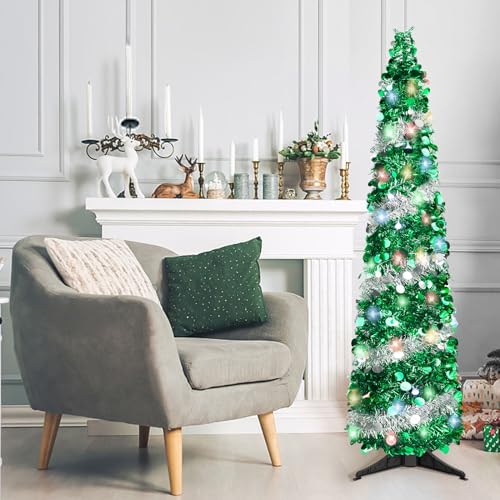 5FT Collapsible Pop Up Christmas Tree with 90 LED Lights - Green Silver