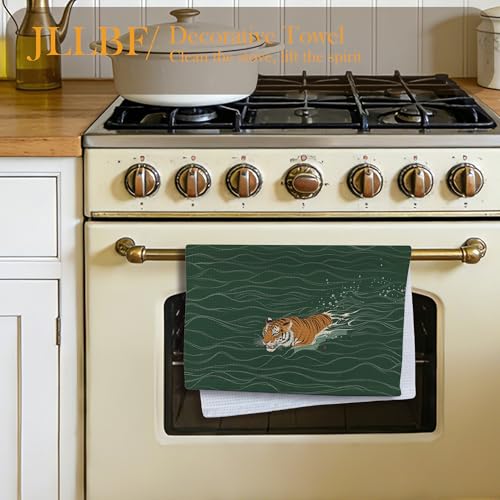 JLLBF Tiger Kitchen Hand Towels - Vintage Japanese Tiger Design, 16x24 Inch, Tiger Lovers Gift, Dark Green, Tiger Variation
