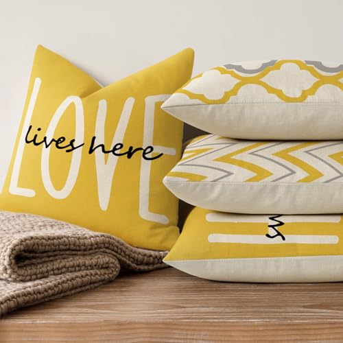 YCOLL Yellow Farmhouse Pillow Covers 18x18 (Set of 4) - Rustic Linen Cushion Covers for Couch & Bedroom Decor