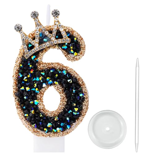 Number 6 Birthday Candle Black Diamond Crown Cake Topper for Party