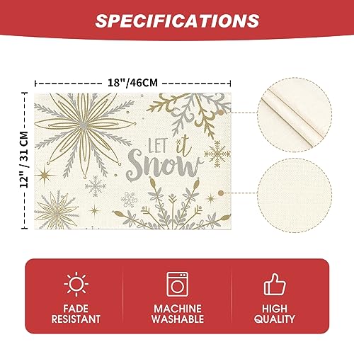 Artoid Mode Beige Snowflake Winter Placemats Set of 4 - 12x18 Inch Seasonal Holiday Table Decor