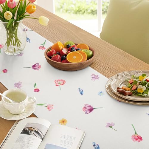 Bonhause 13x72 Inch Tulip Flower Table Runner - Pink Purple Floral