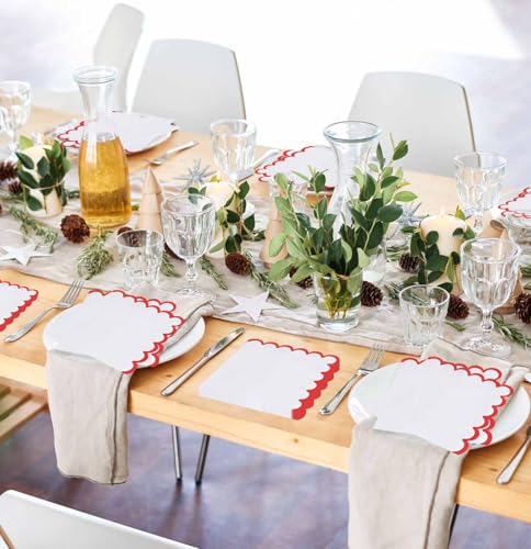 50 Red Scalloped Cocktail Napkins - 3-Ply Disposable 5x5 Inches
