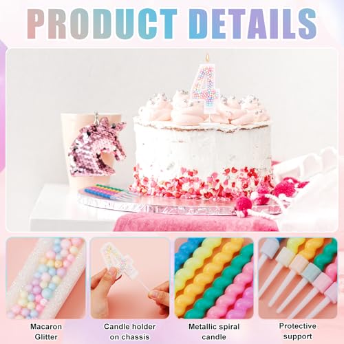 Macaron Number 4 Birthday Candle with 12 Rainbow Spiral Candles