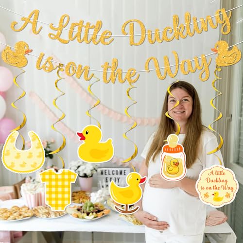 Gold Duck Baby Shower Decorations Set - A Little Duckling Is On The Way Banner & Swirls
