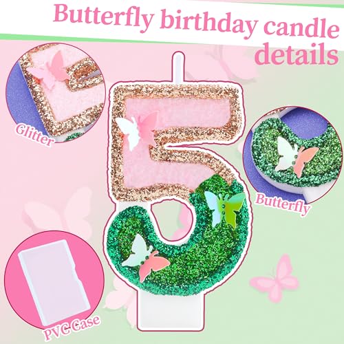 Ritzephyria Butterfly Number 5 Birthday Candle Pink & Green Glitter Cake Topper