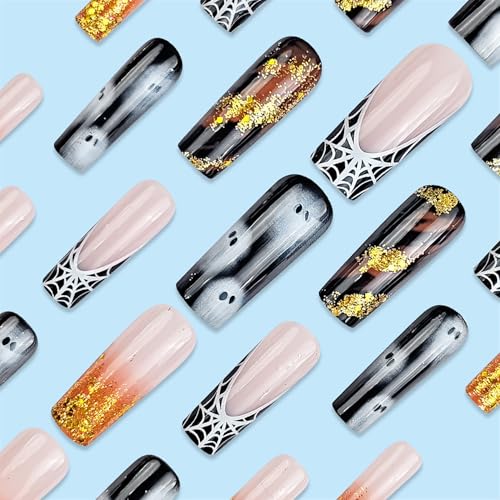 Halloween Long Coffin Press On Nails Spider Web Ghost Design 24 Pcs