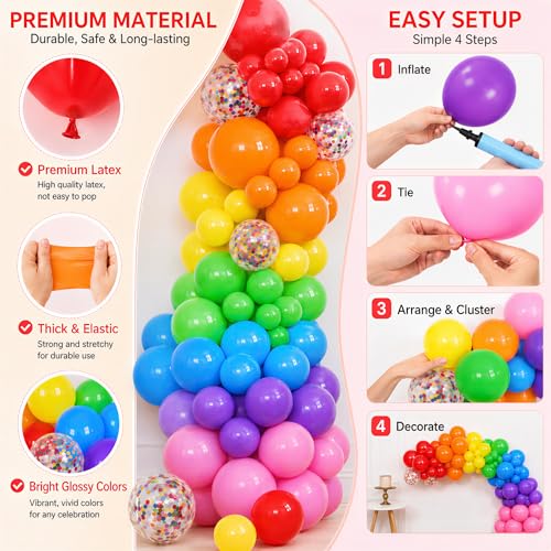 178-Piece Rainbow Balloon Arch Kit, Colorful Latex Garland for Parties