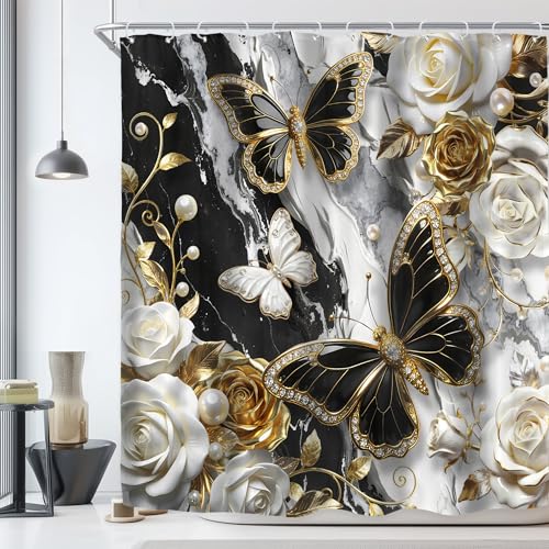 Riyidecor Black and Gold Marble Shower Curtain 72"x72" with Hooks