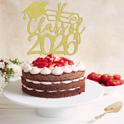 2026 Gold Graduation Cake Topper - Glitter Party Decoration