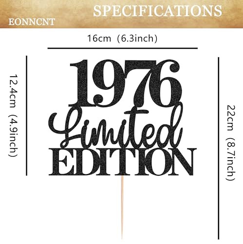 EONNCNT Limited EDITION 1976 Cake Topper Black Glitter 50th Birthday Decor