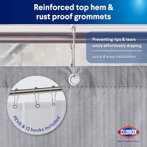 CLOROX Bathroom Shower Curtain with Waterproof Lightweight PEVA Liner Set, Standard Size for Bathroom, with Weighted Magnets and 12 Metal Hooks - 70" x 72" Grey