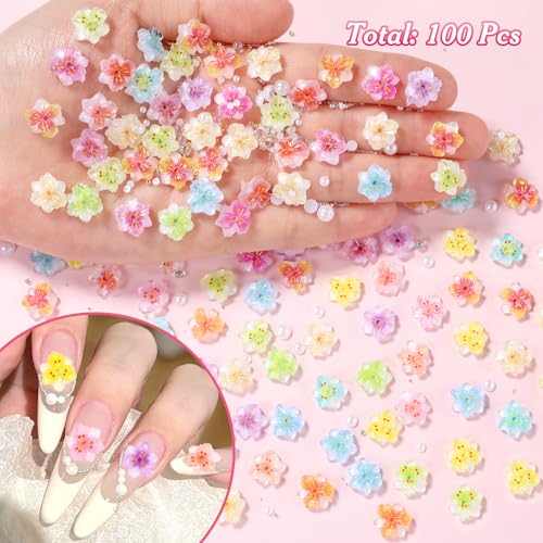 3D Flower Nail Charms with Pearls and Caviar Beads - 100 Pcs