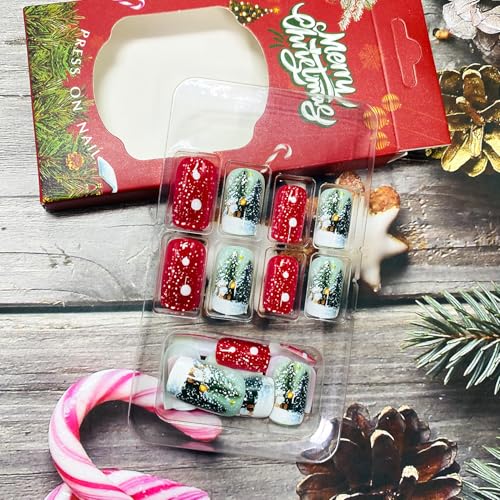 Christmas Press on Nails French Tip Short Square False Nails Winter Art