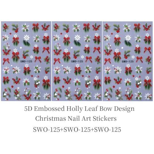 Christmas 3D Nail Art Stickers Decals - Winter Snowflake & Holly (3 Sheets)