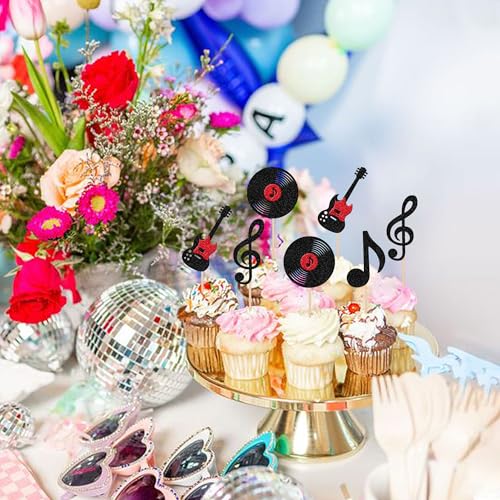 24 PCS Music Notes Cupcake Toppers Design 1 - Glitter Guitar & Vinyl Record Cake Picks