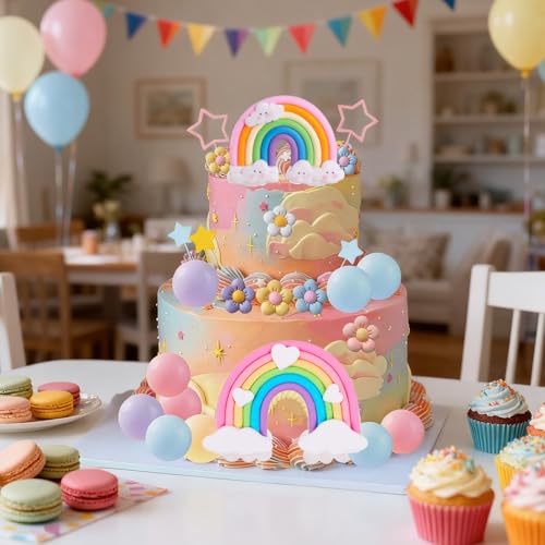 39-Piece Rainbow Cake Topper Set with Pastel Balls & Flowers