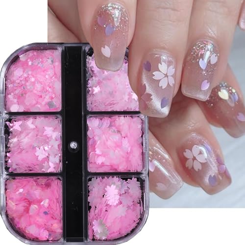 Cherry Blossom Nail Art Glitter Sequins 6 Grids Mixed Butterfly and Heart