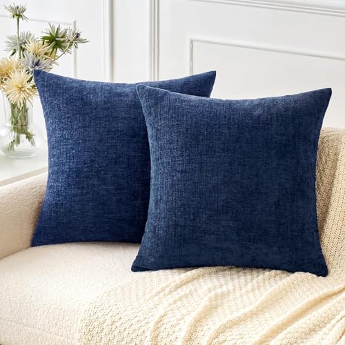 MIULEE Soft Chenille Throw Pillow Covers, Navy Blue 18x18 Inch, Set of 2