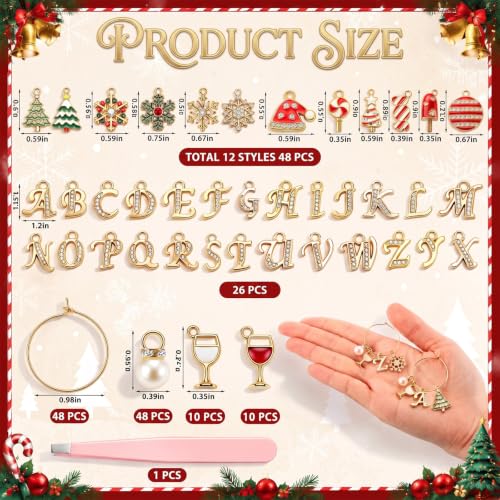 Landical 48-Piece Wine Glass Charms Kit - Red Green Christmas Style