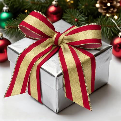 ABTOLS 25 Yards Christmas Wired Ribbons - Red & Gold Stripe Burlap for Holiday Decor