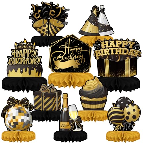 Black Birthday Decorations Set - Black and Gold Honeycomb Centerpieces