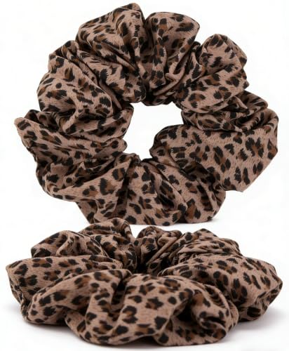 Leopard Print Satin Hair Scrunchies - 2 Pcs Large Cheetah Hair Ties