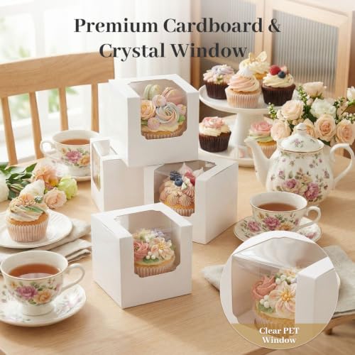 VGOODALL 20PCS White Cupcake Boxes with Window & Inserts - 3.5"