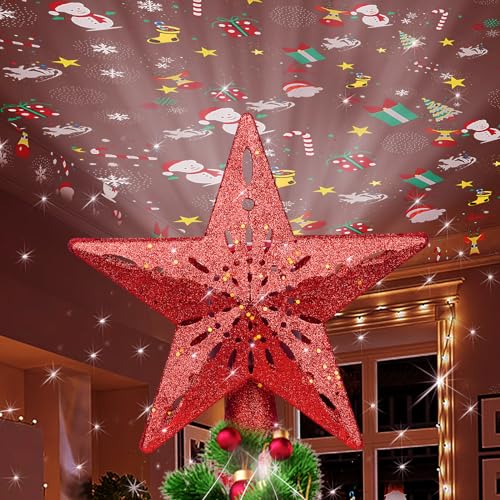 Christmas Tree Topper Lighted Star with 6 Projected Patterns - Rotating 3D Glitter Xmas Decor - Red - Variation 1