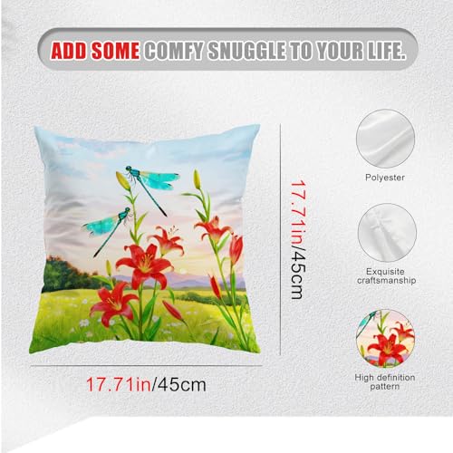 Spring Dragonfly Throw Pillow Covers 18x18 Red Floral Decorative Cushion
