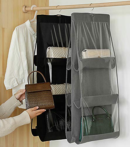 Hanging Handbag Organizer for Closet - 6-Pocket Dust-Proof Holder (Black-2Pack)
