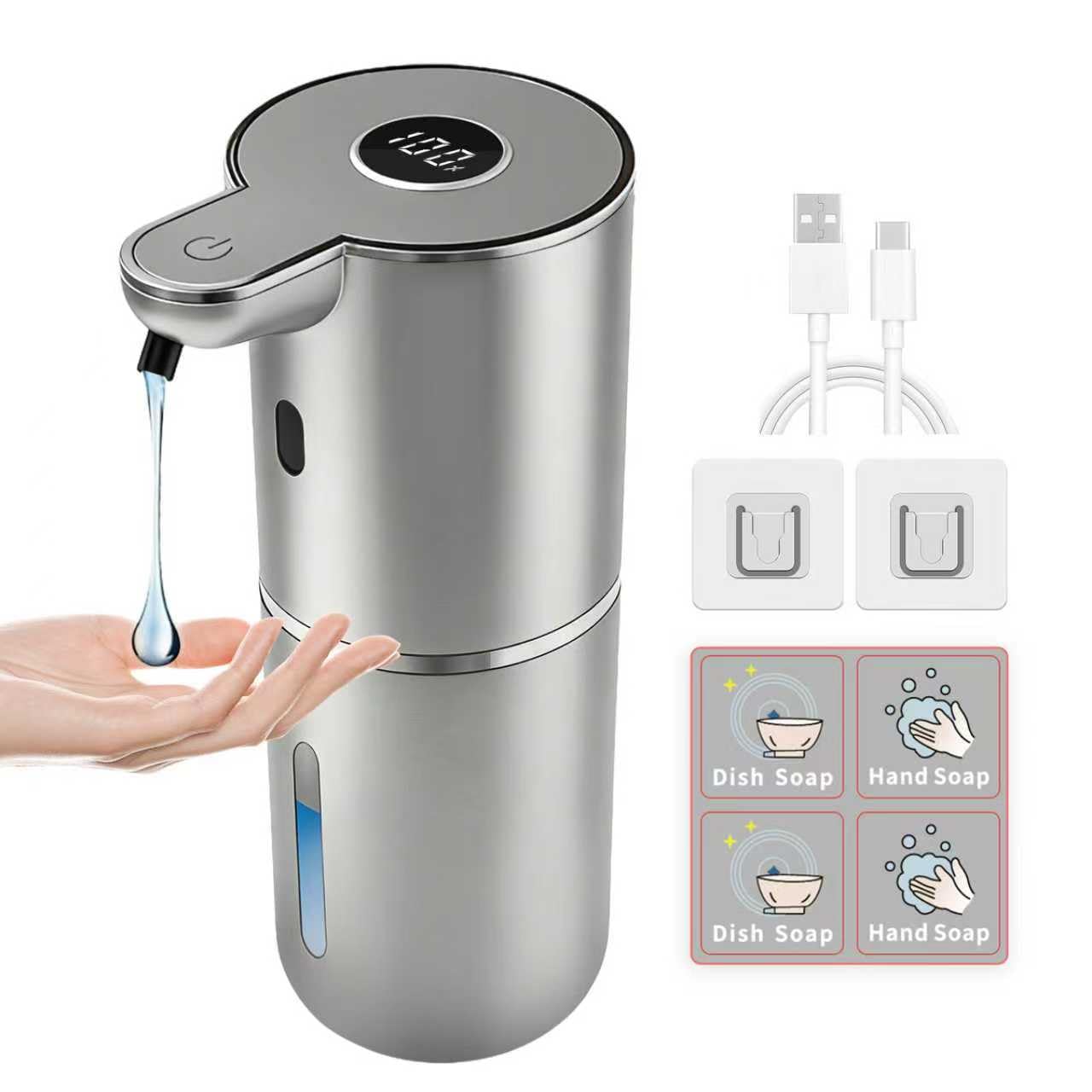 Automatic Soap Dispenser, Touchless Liquid Soap Dispensers, USB Rechargeable, 6-Level Adjustable Volume Control, 12.8oz/380ml, Wall Mount for Kitchen, Bathroom, Free Liquid Dispenser Stickers (Silver)