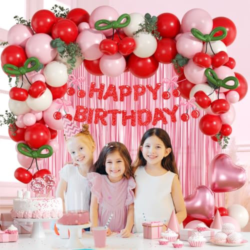 Cherry Birthday Party Decorations with Balloons, Banner & Fringe Curtain