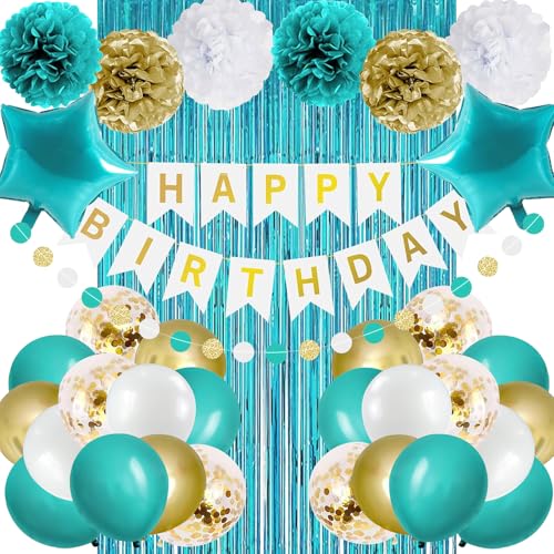 Teal and Gold Birthday Party Decoration Kit with Banner, Balloons, and Fringe