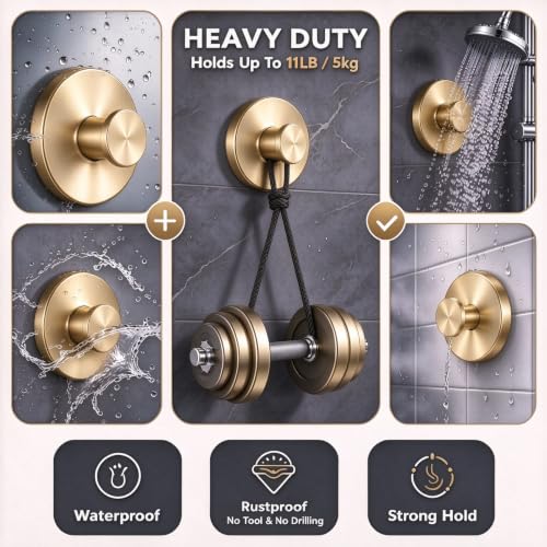 Lehxiry Gold Suction Cup Hooks 2 Pack - Waterproof No Drilling Wall Mount for Towels & Wreaths