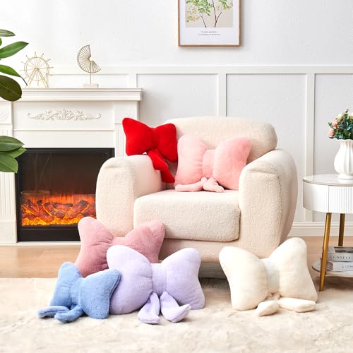 Soft Pink Bow Pillow - 12'' Decorative Throw Pillow with Faux Rabbit Fur