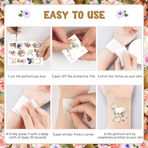 Serencatcher Floral Horse Temporary Tattoos - 12 Sheets Western Party Favors