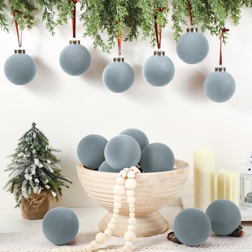 Liliful 15 Pcs Velvet Christmas Tree Ornaments Balls - Dusty Blue, 3.15 Inch