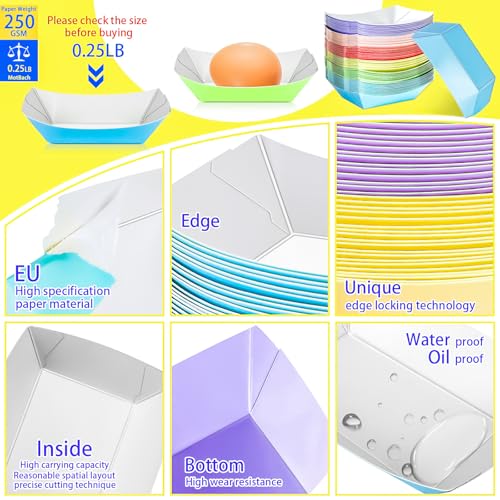 MotBach 1/4Lb Disposable Paper Food Boats - 100 Pack Colorful Snack Trays