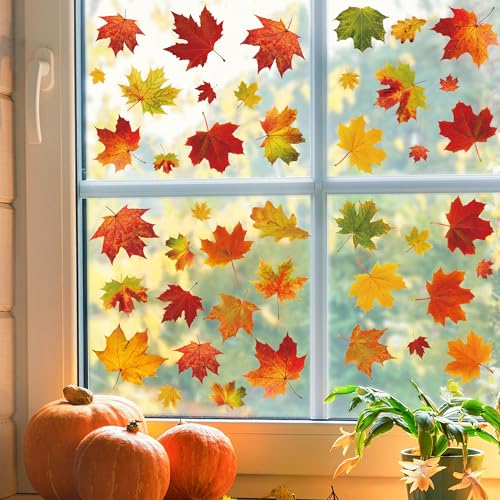 9 Sheets Fall Maple Leaf Window Clings - Reusable Autumn Decals for Glass