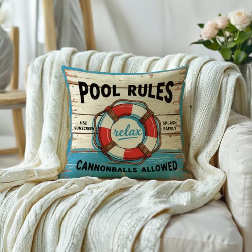 Pool Rules Decorative Throw Pillow Cover 18x18 Inch Nautical Design