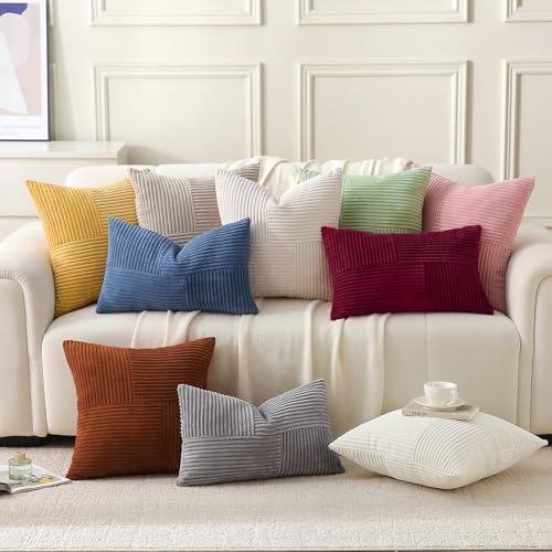Sage Green Corduroy Lumbar Throw Pillow Cover, 14x24 Inch Textured Cushion