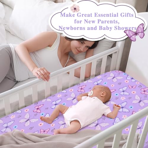 JISEN Purple Butterfly Fitted Crib Sheet - Soft & Washable 52x28 Inch