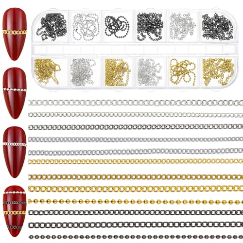 Metal Nail Art Chains 12 Pcs 3D Gold Silver Gray Nail Charms with Box