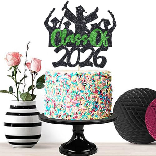 Class of 2026 Graduation Cake Topper - Green Glitter Decor